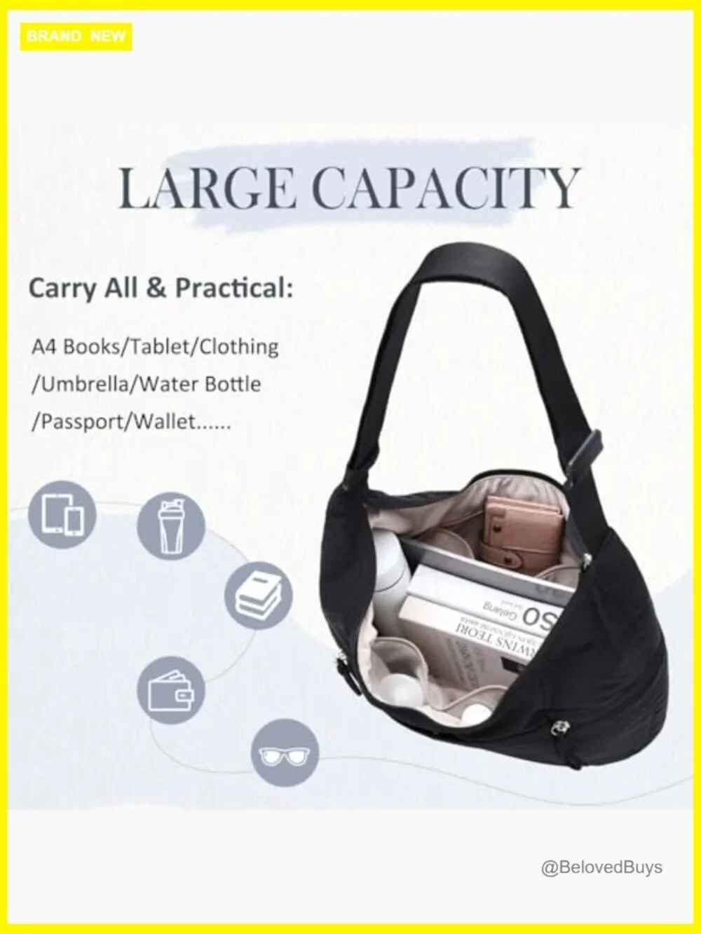 Lightweight Nylon Crescent Crossbody Hobo Bag, Large Slouchy Travel Tote